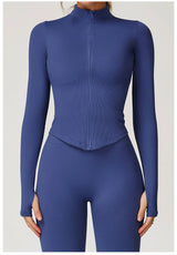 Ribbed Women's Yoga Jacket – Long Sleeve Standing Collar Fitness Top