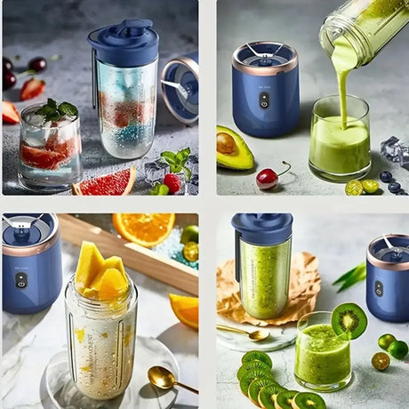 Showcasing a portable 2 cup fruit juicer blender in use, preparing smoothies and juices with vibrant fruits.