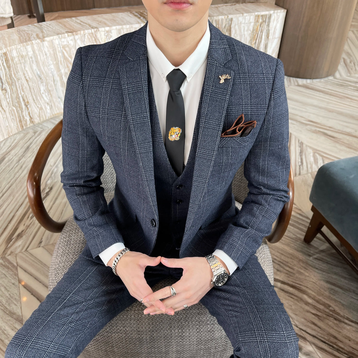Men Plaid 3-Piece Business Suit