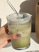 Stripe Glass Cup with Straw