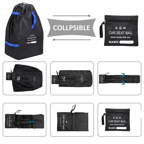 Collapsible car seat bag for easy transport and storage, featuring zipper closure and handle for convenience.
