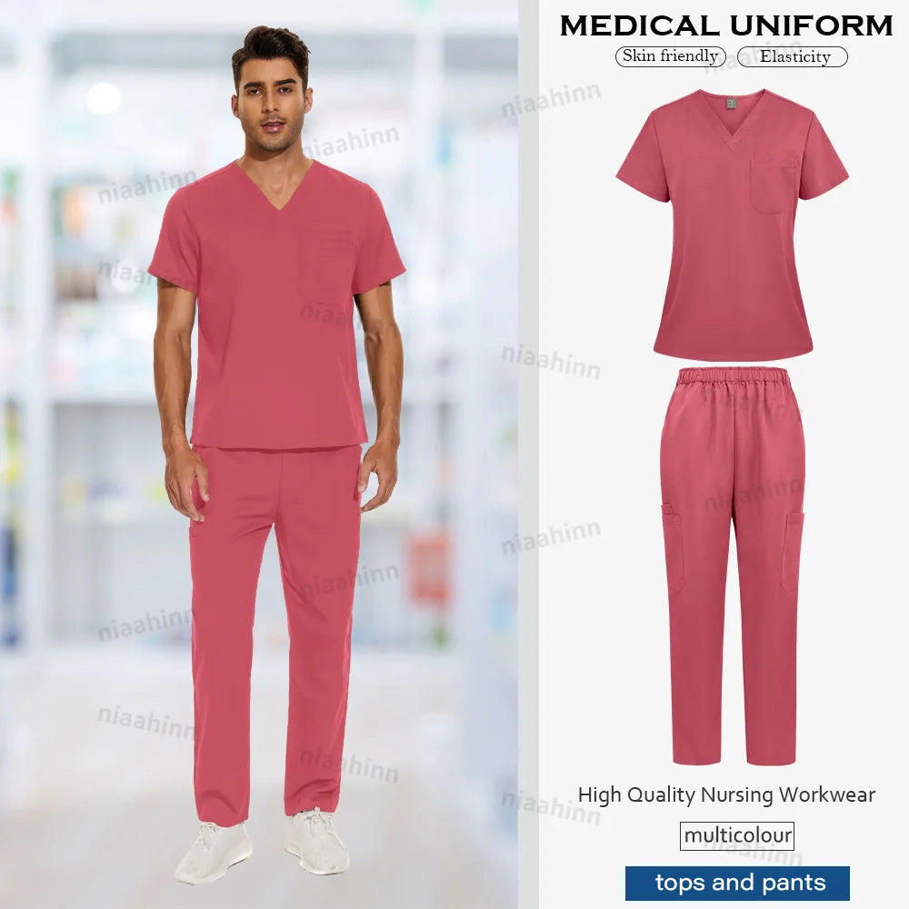 Multicolor surgical gown set for men featuring a stylish top and pants, made from breathable twill fabric.