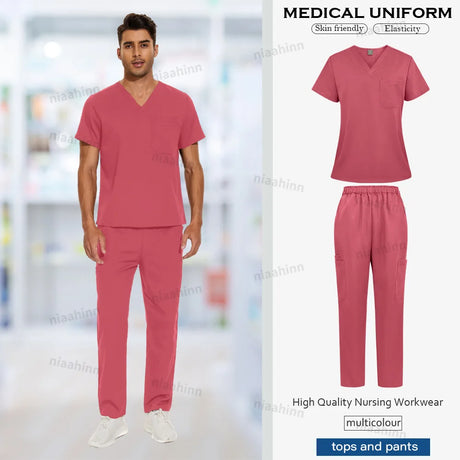 Multicolor surgical gown set for men featuring a stylish top and pants, made from breathable twill fabric.