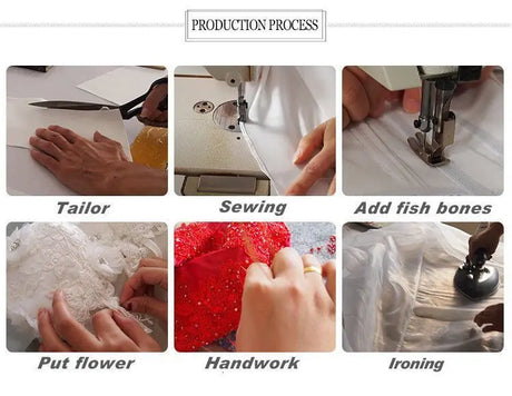 Wedding dress production process including tailoring, sewing, adding fish bones, floral decoration, and ironing.