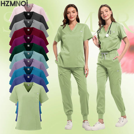 Multicolor women's scrub set featuring short sleeve top and pants, available in various colors for medical and beauty professionals.