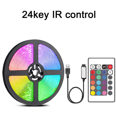 RGB LED strip lights with 24-key IR remote control, ideal for vibrant room decor.