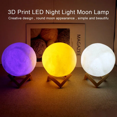 3D Print LED Night Light Moon Lamp in purple, yellow, and white, showcasing a unique, round moon design.