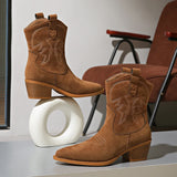 Women Western Cowboy Short Boots – Coarse Heel Embroidered Leather