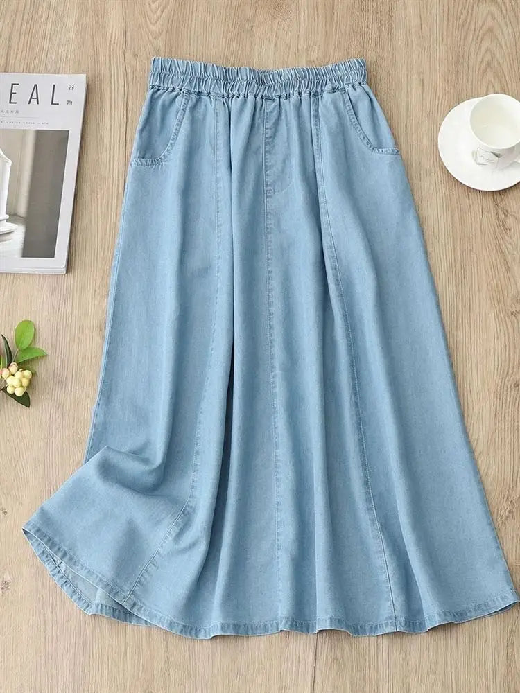 BreezeFit™ – Lightweight Loose Denim Skirt (Elastic Waist, A-Line)