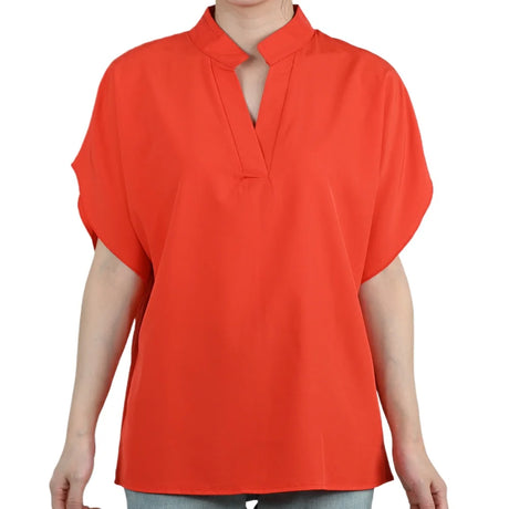 FlareFemme™ V-Neck summer blouse in vibrant orange with short flare sleeves for women, perfect for a stylish midlife fit.