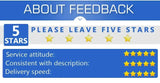 Five-star feedback request graphic highlighting service attitude, description consistency, and delivery speed ratings.