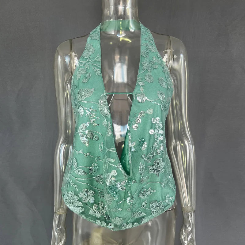 Women Sequin Deep V Tank Top