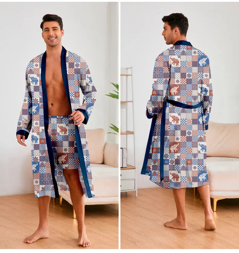 Men’s Leopard Satin Bathrobe Set
