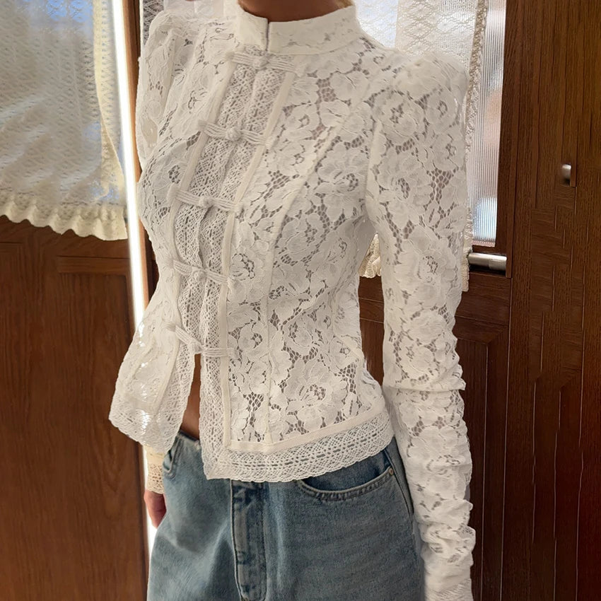 Lace Bloom Embroidered Puff Sleeve Blouse