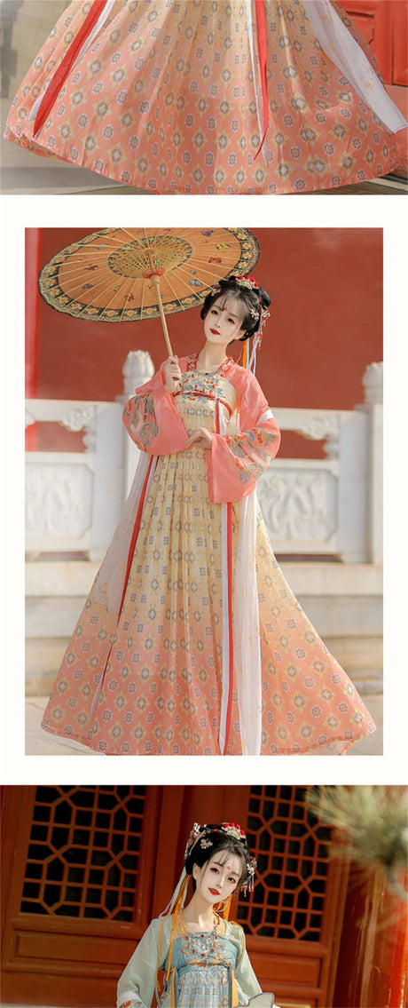Tang Suits Hanfu for women, colorful traditional costume with parasol, perfect for Halloween cosplay events.