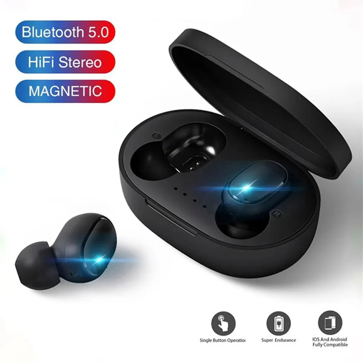 TWS A6S Wireless Bluetooth Headset in charging case, featuring Bluetooth 5.0, HiFi stereo sound, and magnetic design.