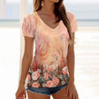 Women's vintage floral 3D print V-neck T-shirt with roses and soft colors, perfect for casual summer wear.