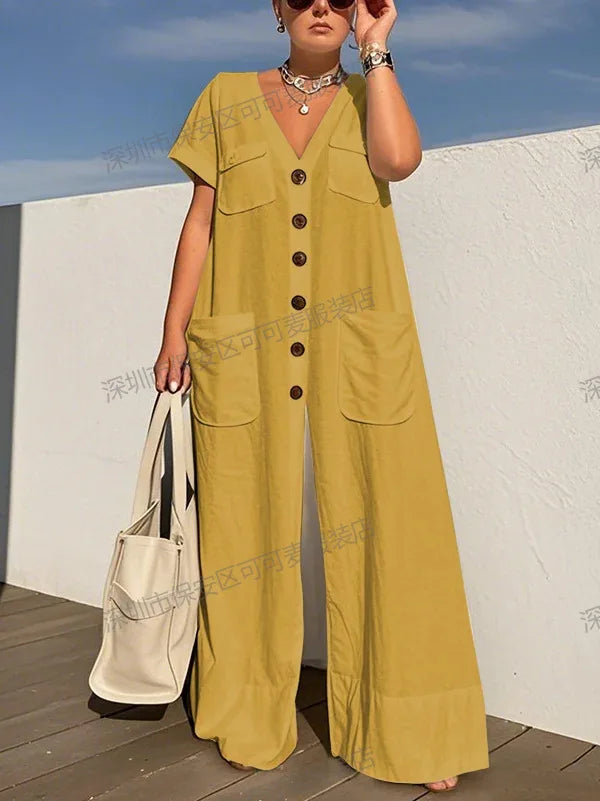 ModiWork™ – V-Neck Button Casual Office Jumpsuit (Smart, Relaxed & Stylish)