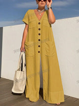 ModiWork™ – V-Neck Button Casual Office Jumpsuit (Smart, Relaxed & Stylish)