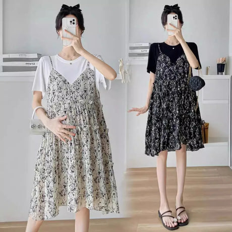 Elegant floral maternity dress, featuring a layered design and knee-length cut, perfect for summer outings and baby showers.