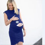 Plus size loose casual maternity dress in blue with cartoon design, perfect for summer, featuring a boat neck and sleeveless style.