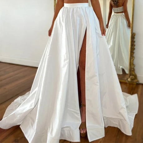 Elegant taffeta detachable wedding skirt with high side slit, perfect for modern bridal styles.