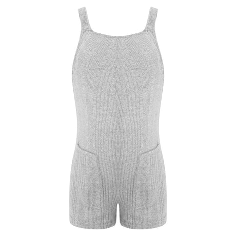 Sleeveless ribbed maternity jumpsuit in light gray, casual overall style for summer, made from cotton blend.