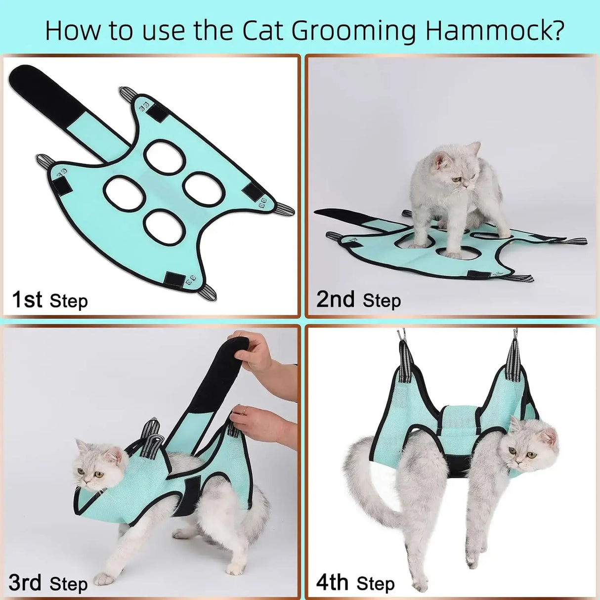 Step-by-step guide on using the TONG Pet Cat Grooming Hammock for easy claw care and grooming.