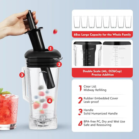 Countertop smoothie blender with a 68oz capacity, clear lid, and double scale for precise measurement.
