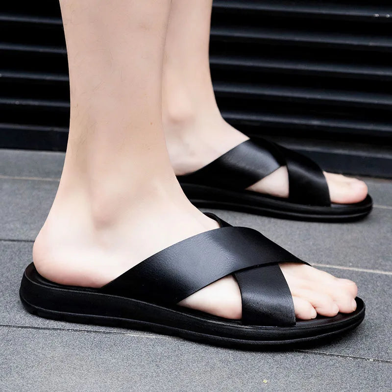 Men Italian PU Leather Slip-On Slippers
