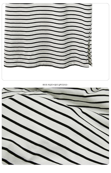 Striped pattern detail of a maternity dress in black and white fabric, showcasing softness and flexibility for summer wear.