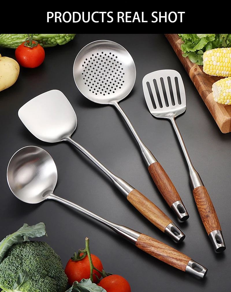 7-Piece Stainless Steel Utensil Set with Wooden Handle