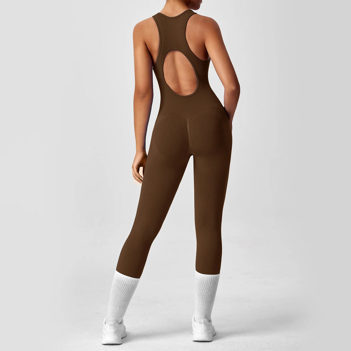 Seamless Peach Booty One-Piece Yoga Bodysuit – V-Back Tummy Control