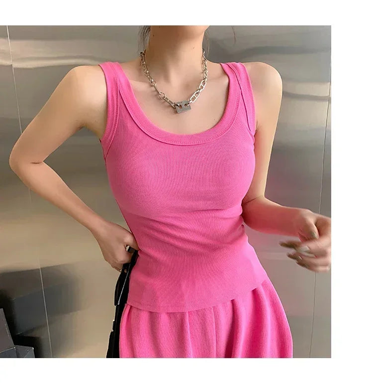 RetroRib™ 90s vintage ribbed tank top in bright pink, perfect for streetwear style.