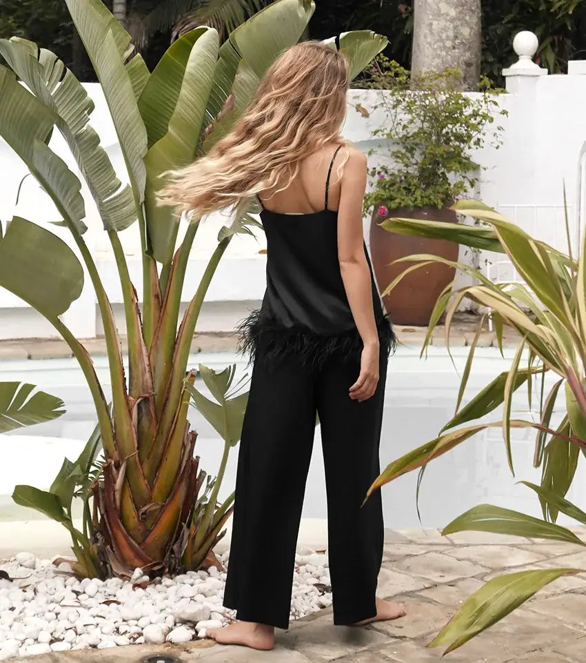 Women Satin Pajama Set with Feather Trim Pants