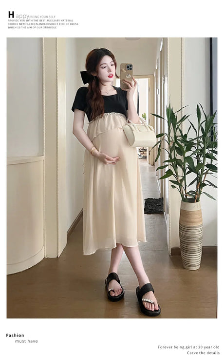 Short sleeve maternity dress in solid colors, ideal for casual summer photoshoots and all-season wear.