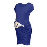 Loose casual maternity dress in blue with cartoon design, perfect for plus-size women during summer.