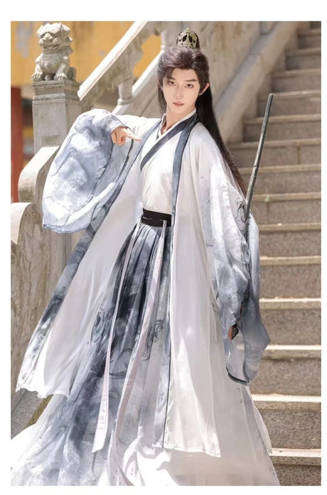 Men's Martial Arts Hanfu - Elegant cross collar outfit in gray and white, featuring traditional ink design, perfect for martial arts.