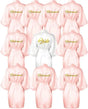 10-piece satin kimono robe set featuring one white "Bride" robe and nine pink "Bridesmaid" robes, ideal for wedding showers.