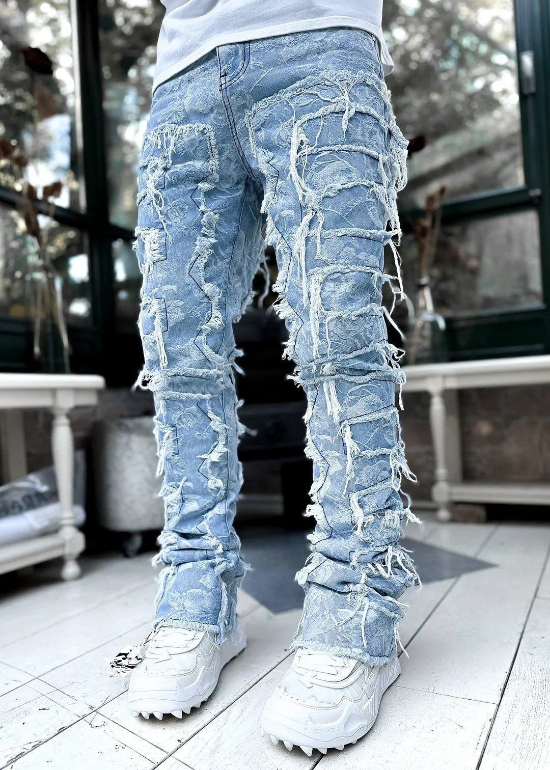 Men Patchwork Stacked Jeans