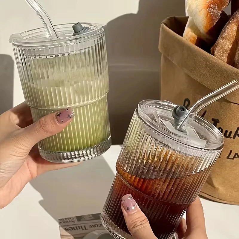 Stripe Glass Cup with Straw