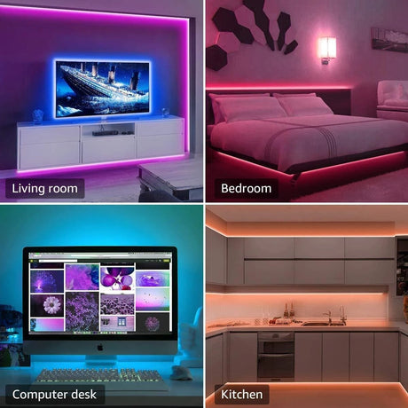 RGB LED strip lights enhancing living room, bedroom, computer desk, and kitchen ambiance.
