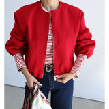 Women Red Zipper Cropped Bomber Jacket
