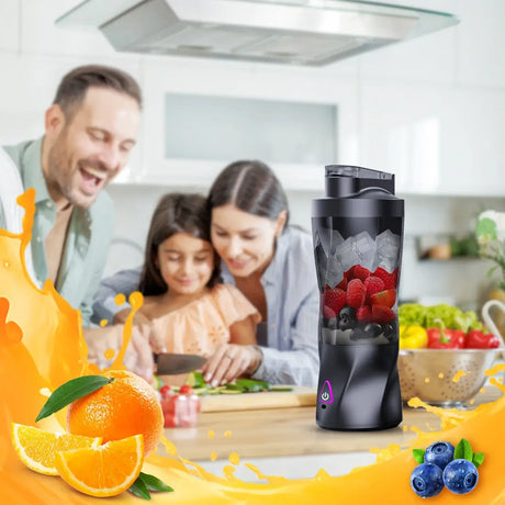 Family enjoying healthy juicing with KIRAINAFLY Electric Portable Juicer, featuring fresh fruits and ice.