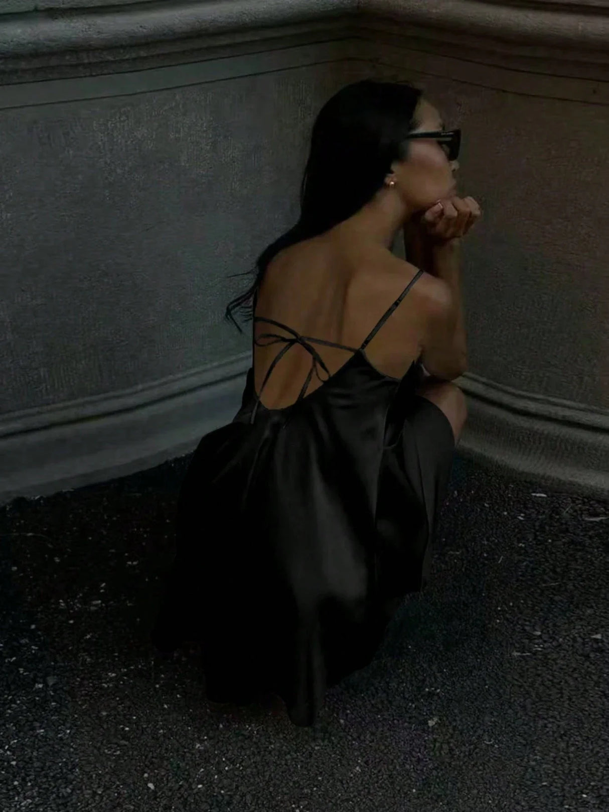 Black Satin Lace Backless Dress