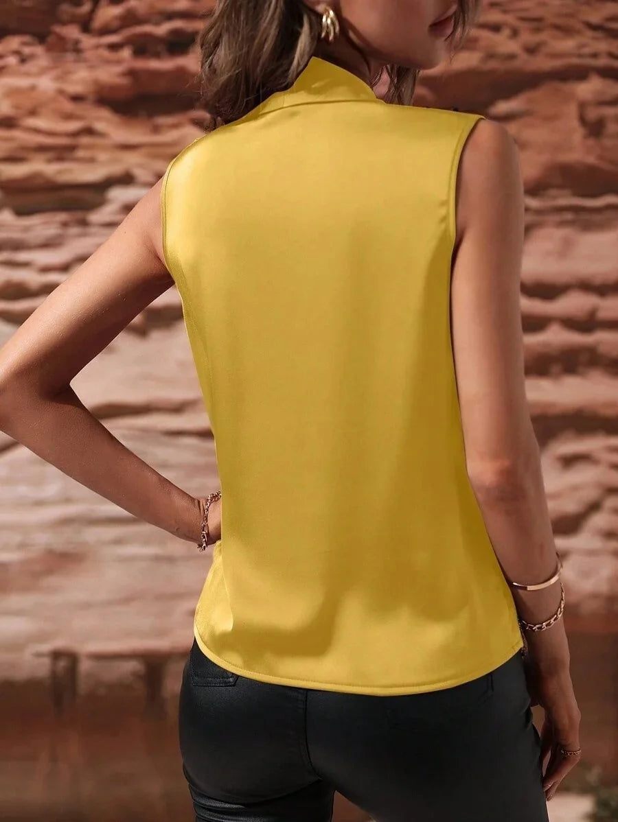 Women Sleeveless Satin Pleated Blouse