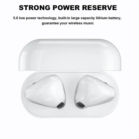 Pro 4 TWS Wireless Airbuds by BULIAN in charging case, highlighting strong battery and 5.0 Bluetooth technology.
