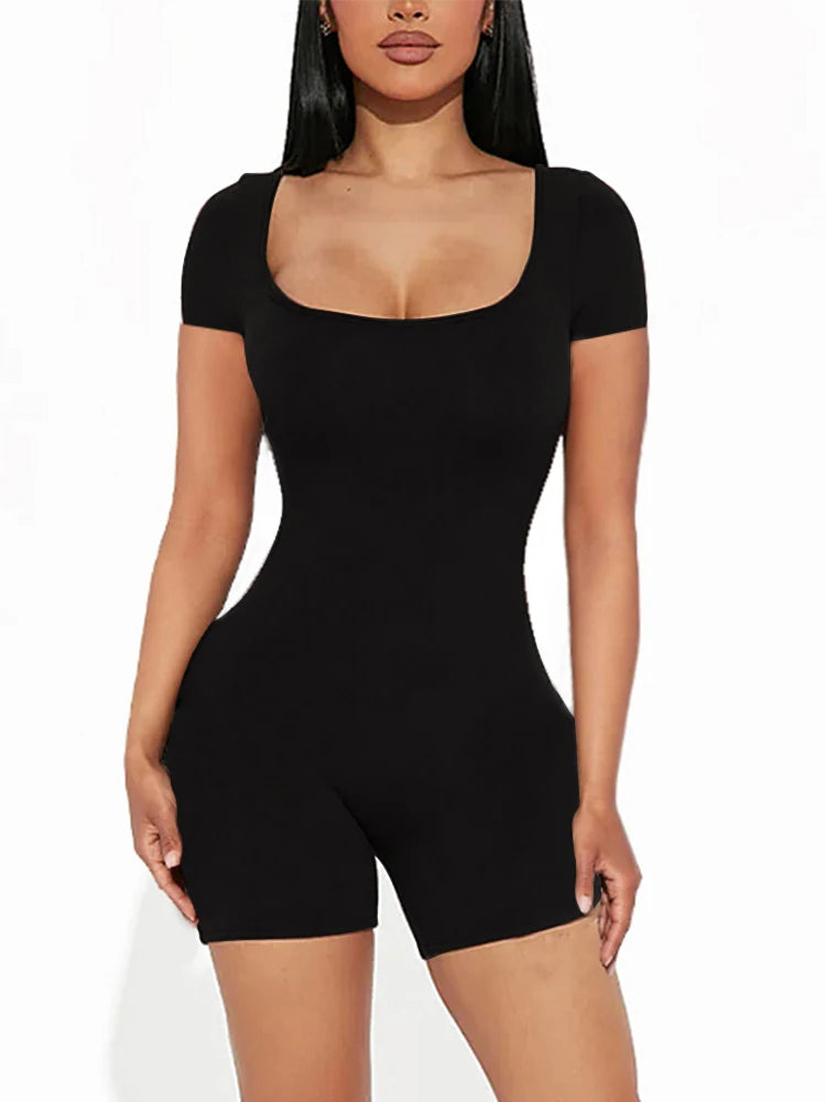 Women Solid Short Sleeve U Neck Jumpsuit
