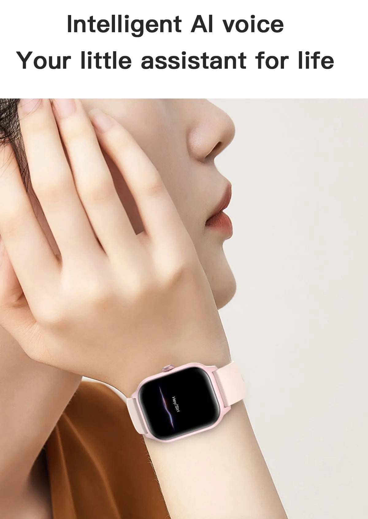 Close-up of a person wearing a LEMFO LT10 smart watch, showcasing its AI voice assistant feature.