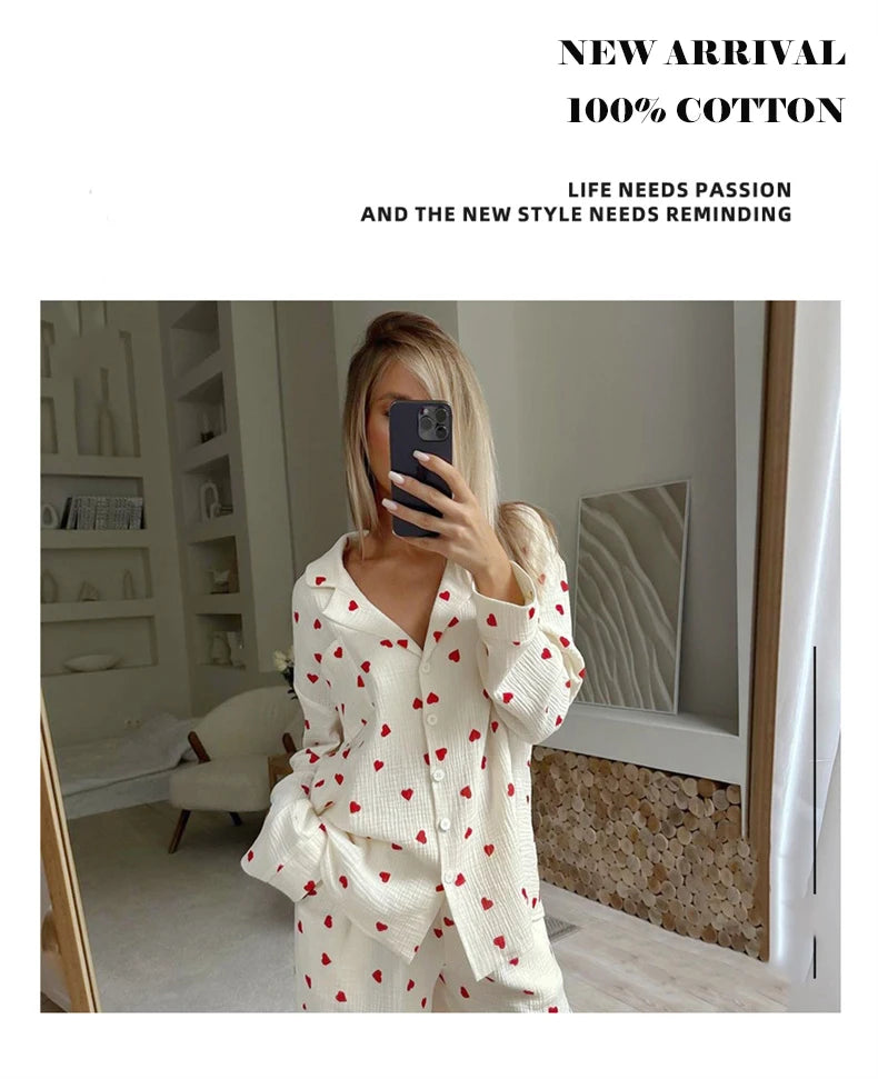 Women Cotton Pajama Set with Hearts